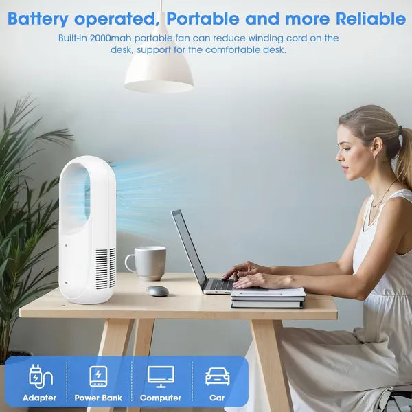 Portable Bladeless Desk Fan, Rechargeable Small Personal Cooling Table Fan With 6 Speed Modes, Quite Fan With LED Panel For Bedroom, Home, Office