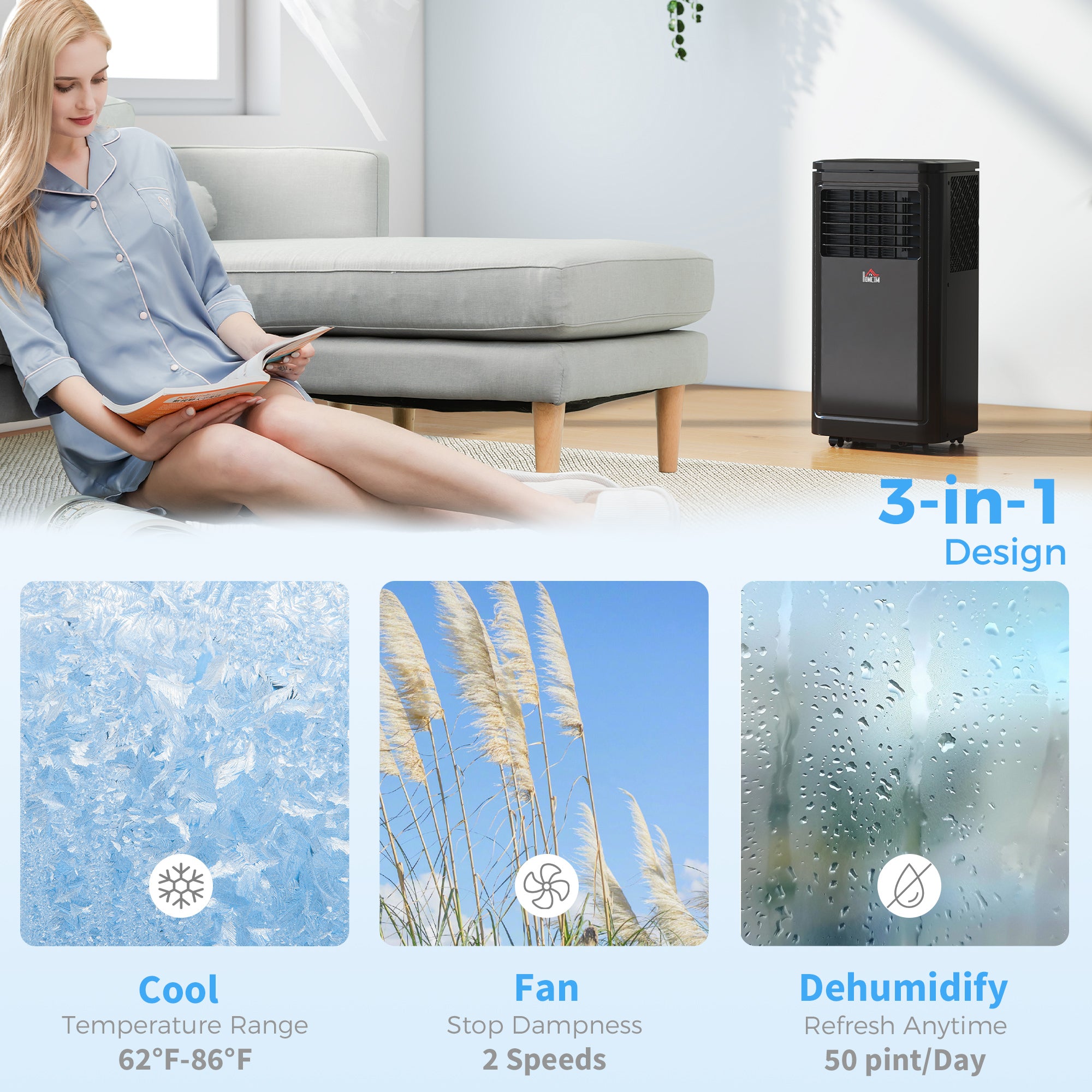 8,000 BTU Portable Air Conditioner Fan w/ Remote for Rooms Up to 344 Sq. Ft., Evaporative Cooler AC Unit Black