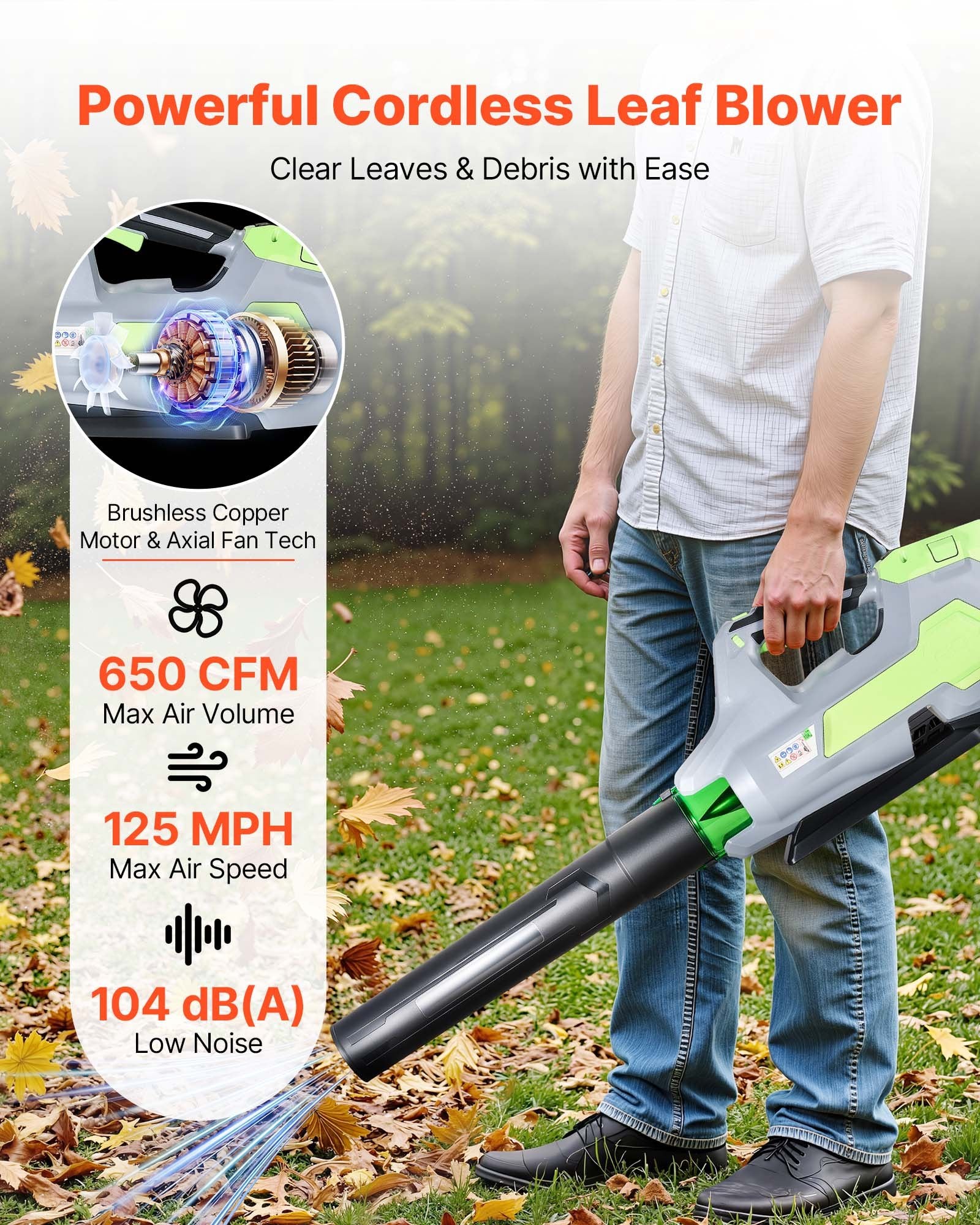 Cordless Leaf Blower, 60V Powerful Electric Leaf Blower With 5.0Ah Battery, Fast Charging & Quiet Operation, 3 Speed Control, 650 CFM/125 MPH Lightweight Powered Blowers For Leaves Lawn Care