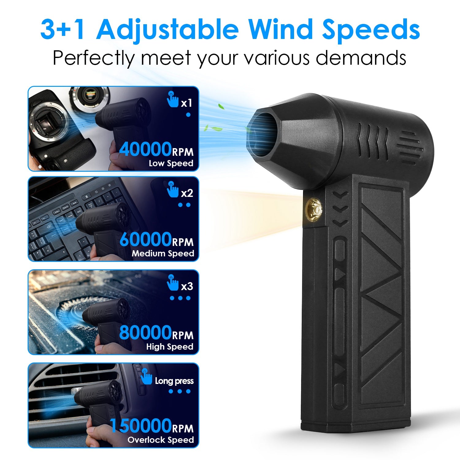 1Pc Compressed Air Duster With LED Light Up To 150000RPM Speed For PC Keyboard Cleaning High Speed Rechargeable Cordless Air Blower With 4 Speeds For Home Car Outdoor