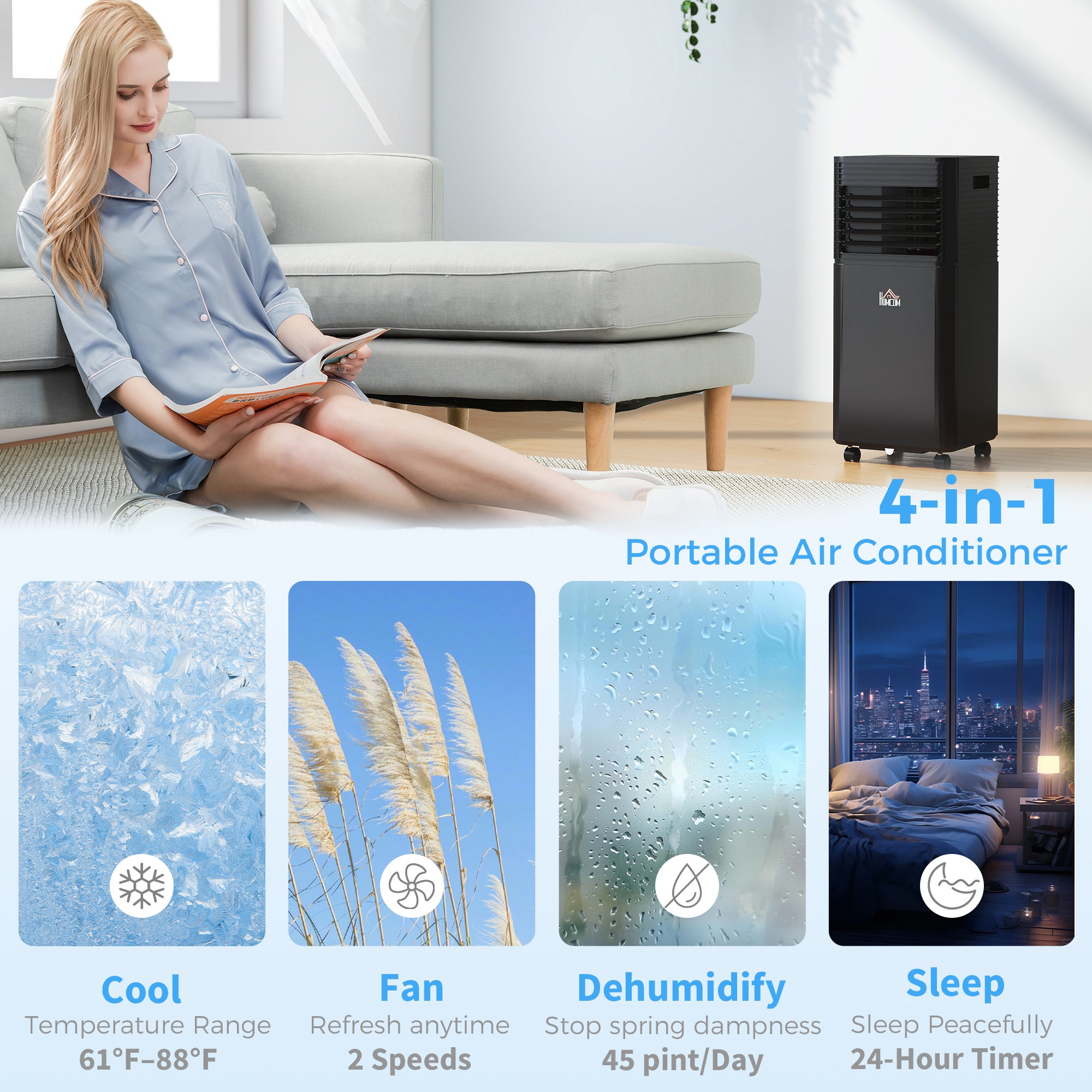 8000 BTU Portable Air Conditioner with Dehumidifier, Cooling Fan, Sleep, Remote, 24H Timer, Auto Off, Black