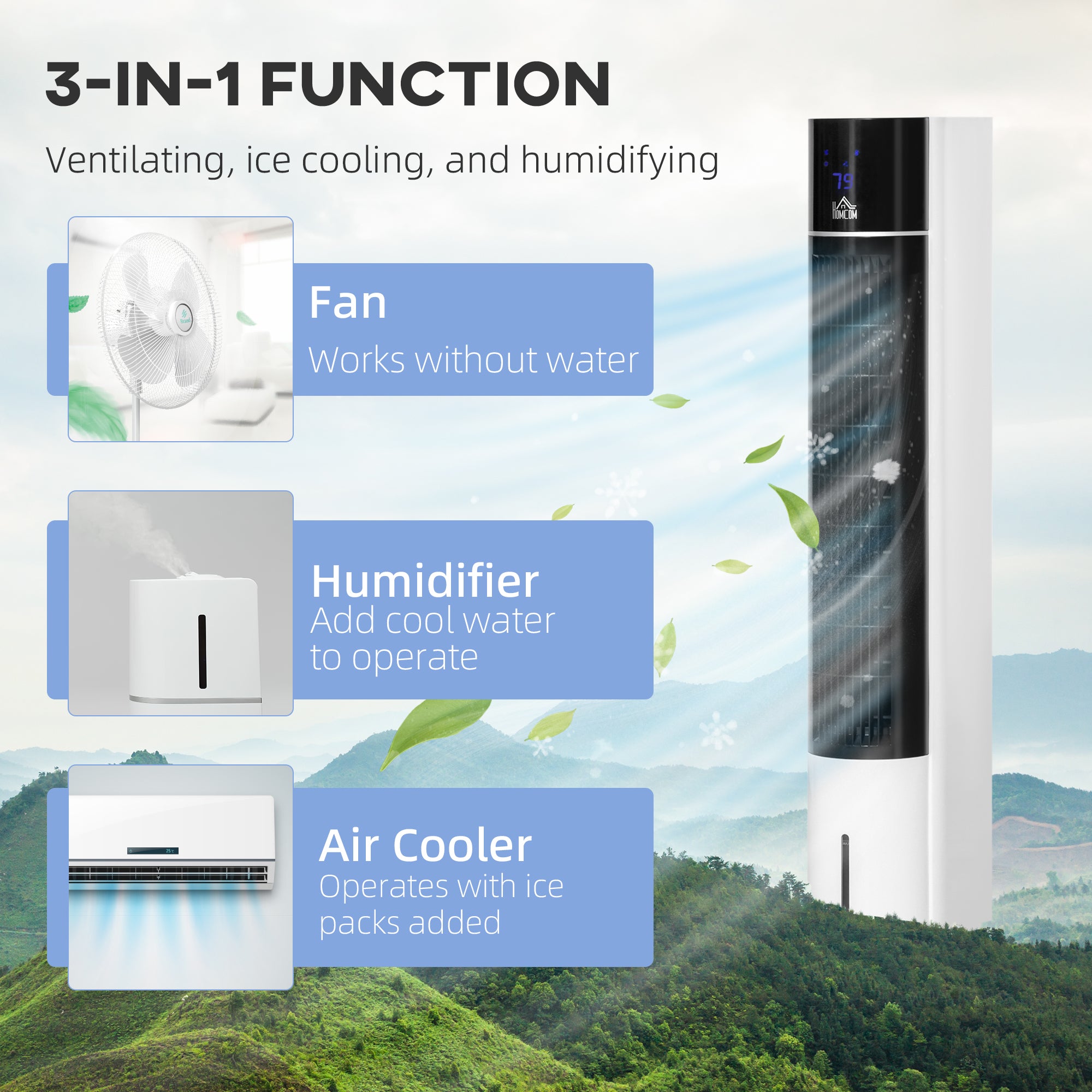 42" 3-In-1 Evaporative Air Cooler With Water Tank, 52° Oscillating Portable Swamp Cooler With Humidifier, Ice Cooling Fan For Home Office, 3 Modes, 3 Speeds, 12H Timer, Remote, White