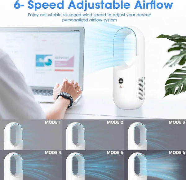 Portable Bladeless Desk Fan, Rechargeable Small Personal Cooling Table Fan With 6 Speed Modes, Quite Fan With LED Panel For Bedroom, Home, Office