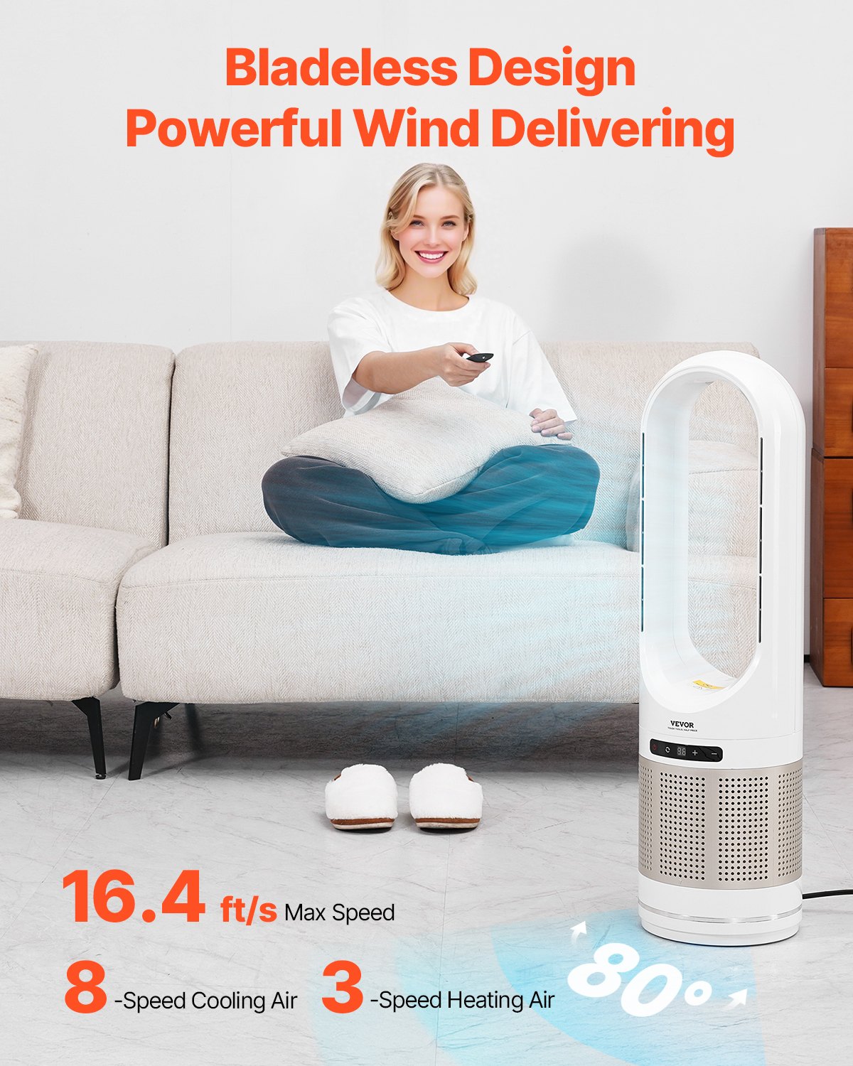Tower Fan Bladeless, 16.4ft/s Velocity Floor Fan That Blows Cold Air, 80° Oscillating 8-Speed Fans, 8H Timer, Standing Fans With H13 HEPA Filtration, Remote Control & Air Purification Mode