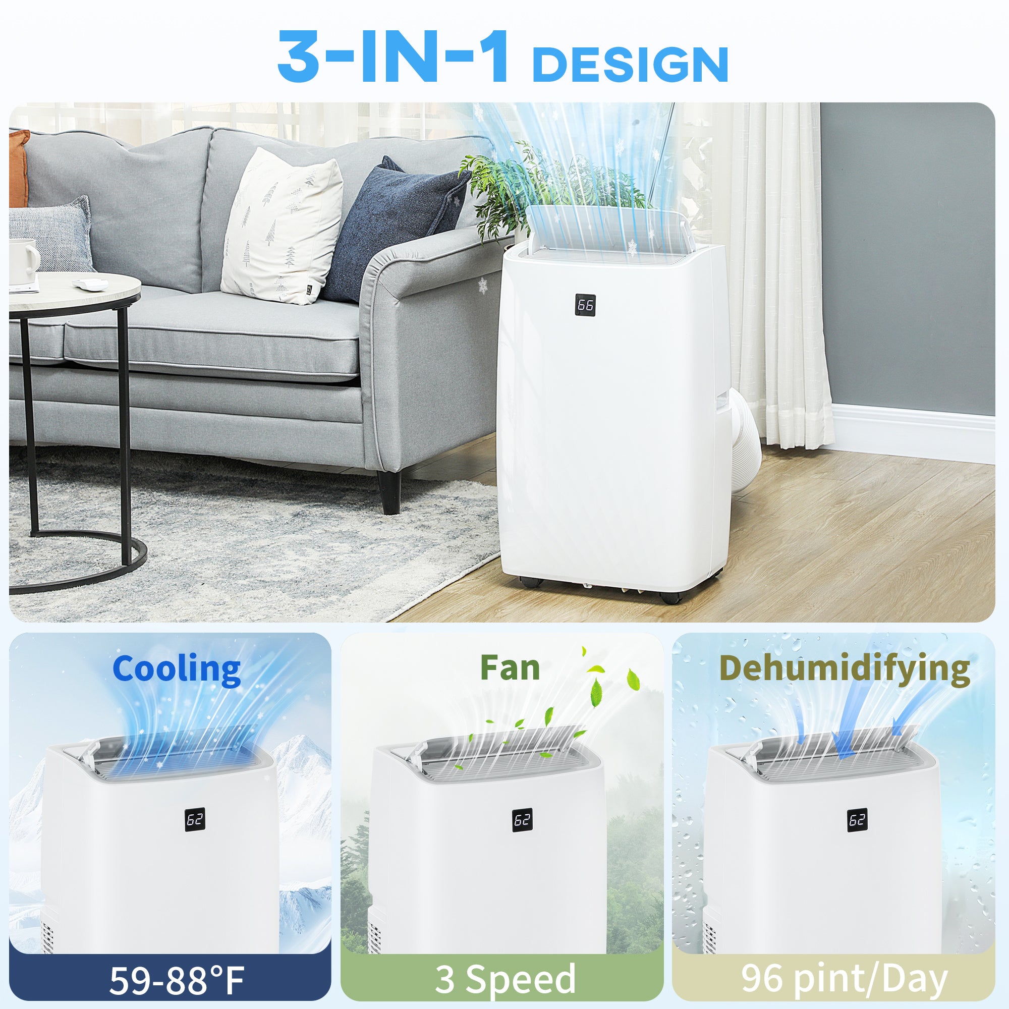 14000 BTU Portable Air Conditioner, AC Unit with Cool, Dehumidifier, Fan, 549 Sq. ft, 24H Timer On Off, Window Kit